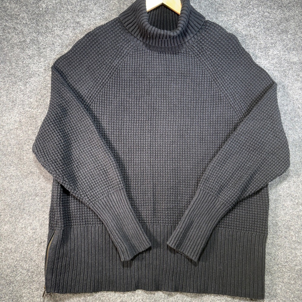 L.L. Bean Waffle Knit Turtleneck Sweater Womens 1X Black Side Zip 521539
